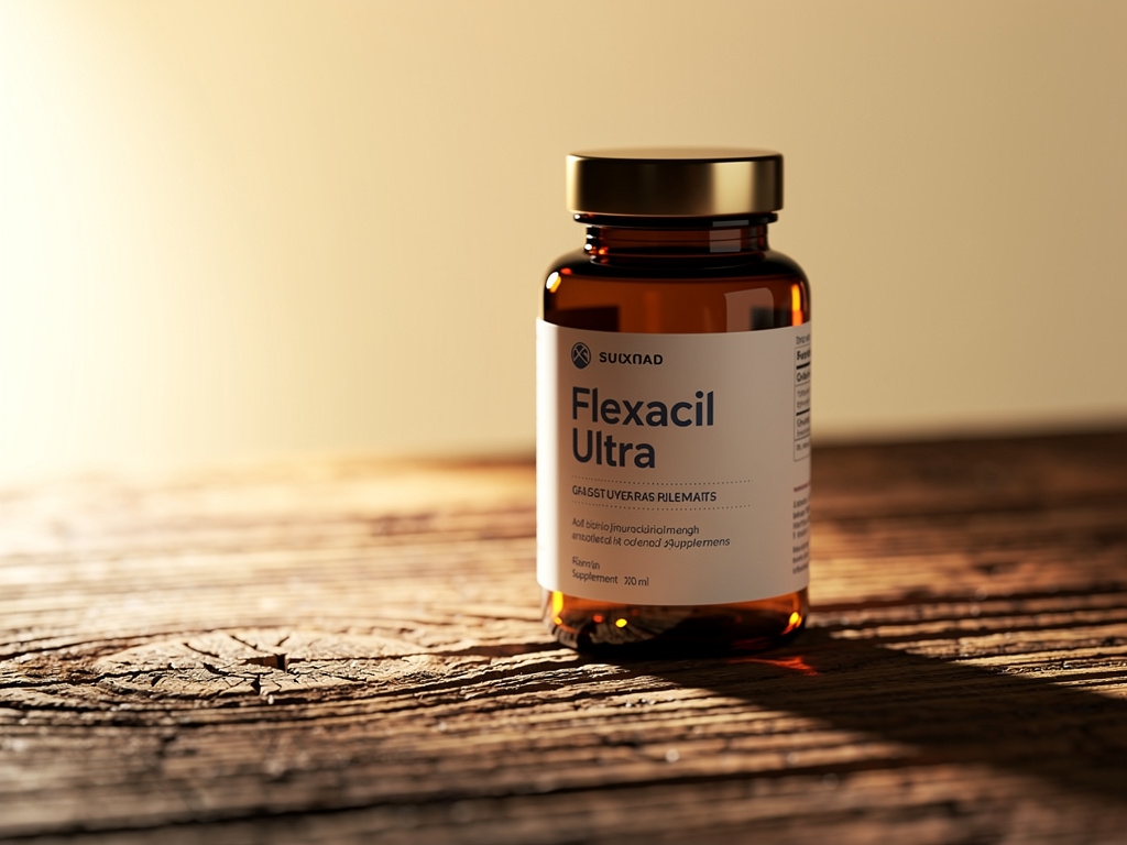 Envase de Flexacil Ultra sobre superficie de madera natural