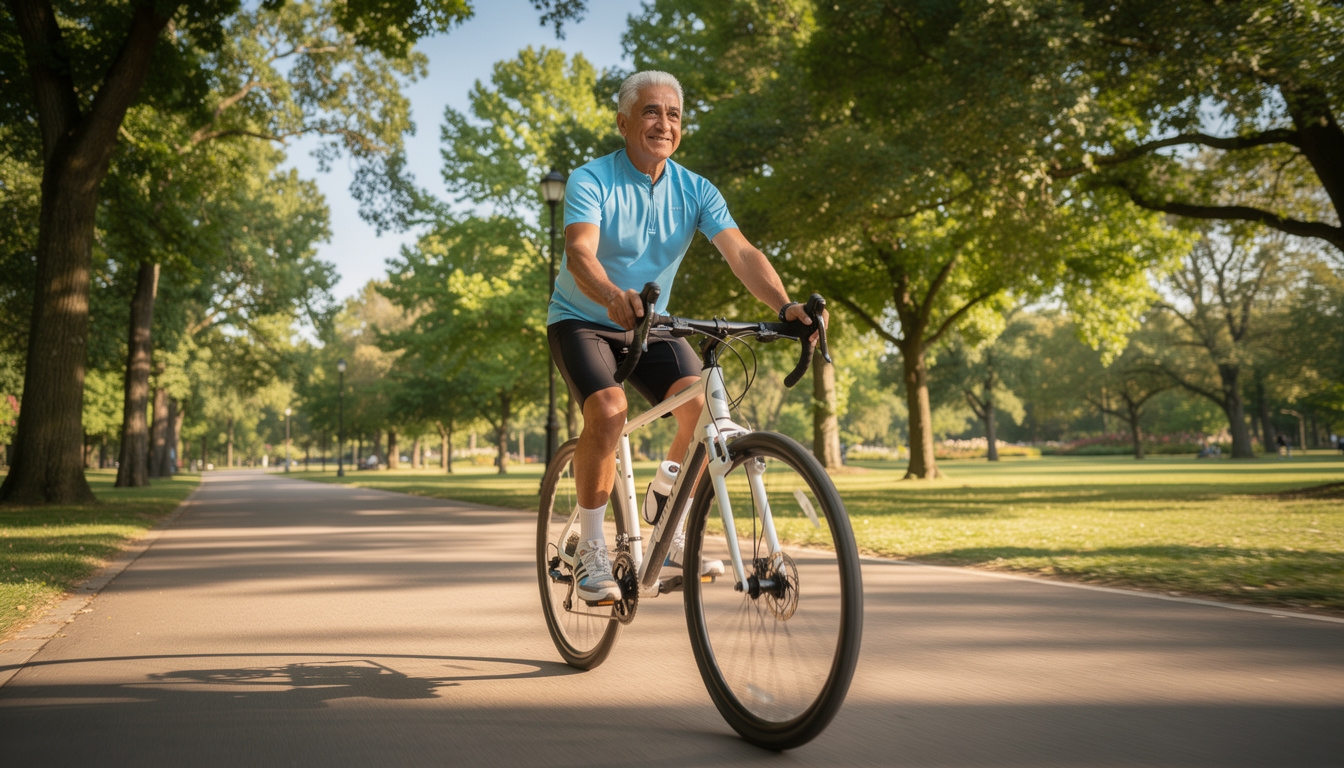 Hombre de 60 años pedaleando en bicicleta por un parque soleado